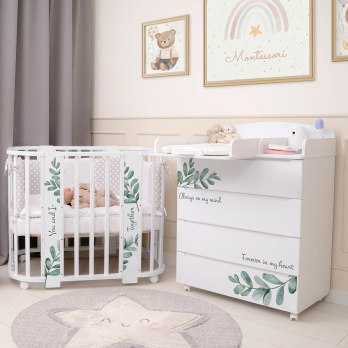 Кровать детская "Indigo "Green Line" 5 в 1 с поперечным маятником белый с принтом