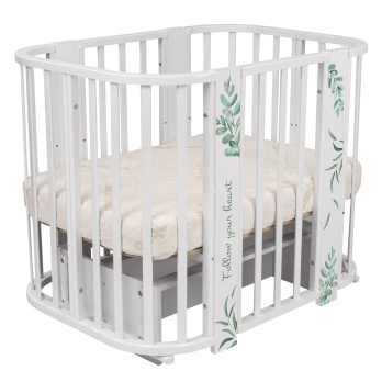 Кровать детская "Indigo "Green Line" 5 в 1 с поперечным маятником белый с принтом