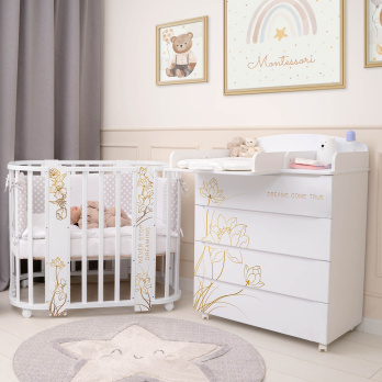 Кровать детская "Indigo "Green Line" 5 в 1 с поперечным маятником белый с принтом