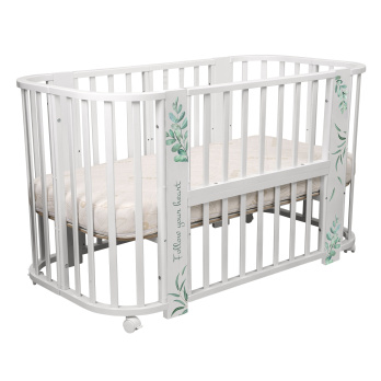 Кровать детская "Indigo "Green Line" 5 в 1 с поперечным маятником белый с принтом